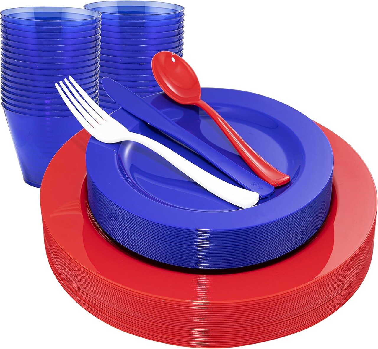 150pcs 4th of July Party Supplies – Plates, Cutlery & Clear Cups (Red Blue White)